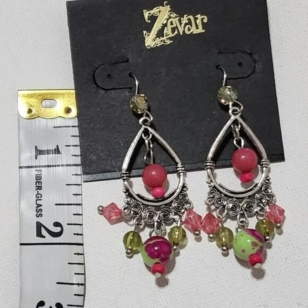 Zevar Pink Green Beaded Teardrop Chandelier Earrings Silver Tone Boho Dangle
